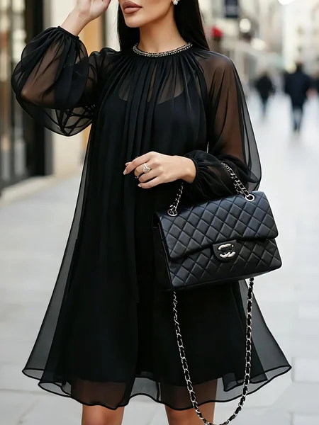 Urban Plain Balloon Sleeve Split Joint Midi Dress, Mini Dresses, color:Black|size:XXL, Stylewe