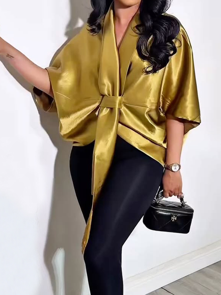Satin Urban Plain Cross Neck Blouse, Blouses and Shirts, color:Yellow|size:XXL, Stylewe