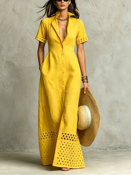 Cotton And Linen Casual Plain Hollow Out Shirt Collar Maxi Dress, Maxi Dresses, color:Yellow|size:XXL, Stylewe