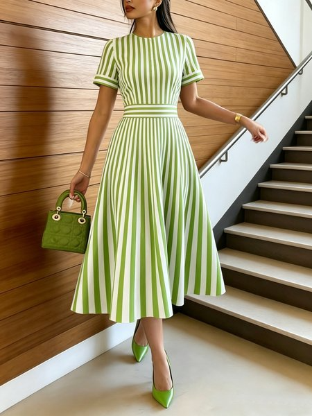 Urban Striped Printing Crew Neck Midi Dress, Midi Dresses, color:Green|size:XXL, Stylewe