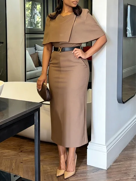 Urban Plain Crew Neck Midi Dress No Belt, Midi Dresses, color:As Picture|size:XXL, Stylewe