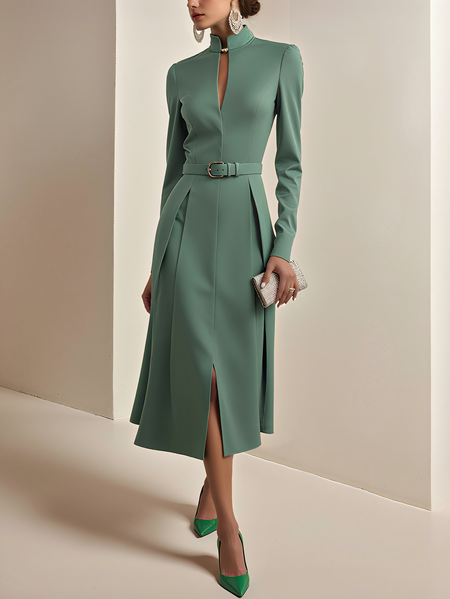 Regular Sleeve Stand Collar Plain Urban Dress With Belt, Midi Dresses, color:Green|size:XL, Stylewe