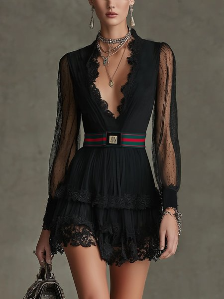 Urban Plain Lace Edge V Neck Mini Dress With Belt, Mini Dresses, color:Black|size:XXL, Stylewe