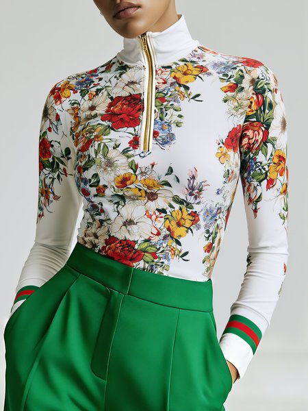 Urban Striped Printing Half Open Collar T-shirt, Tees, color:Green|size:XXL, Stylewe