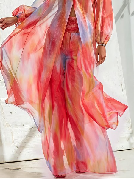 Urban Ombre Printing Color Block Wide Leg Pants, Pants, color:Pink|size:XXL, Stylewe