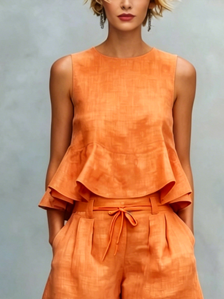 Cotton Casual Solid Relaxed Plain Peplum Sleeveless Blouse, Blouses and Shirts, color:Orange|size:XXL, Stylewe