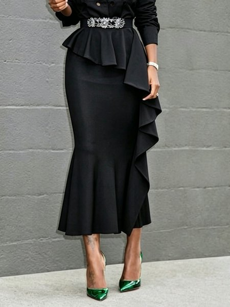 Urban Peplum Plain Midi Skirt, Skirts, color:Black|size:XXL, Stylewe