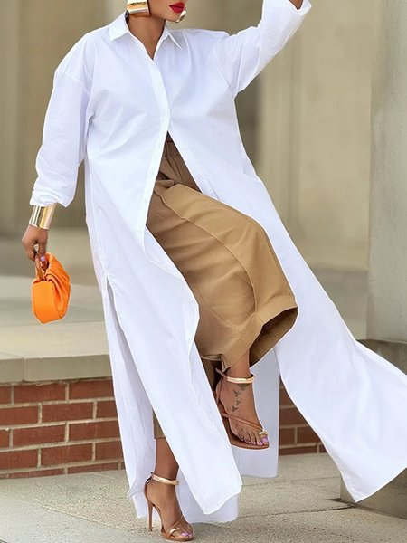 Casual Cotton Loose Split Long Shirt, Blouses and Shirts, color:White|size:XXL, Stylewe