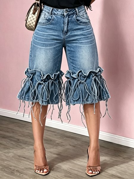 Casual Lace-Up Denim Shorts, Denim Shorts, color:As Picture|size:XXL, Stylewe
