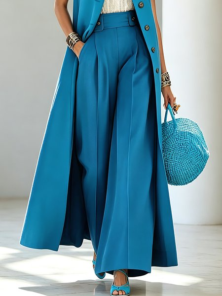 Urban Plain Buttoned Wide Leg Pants, Pants, color:Blue|size:XXL, Stylewe