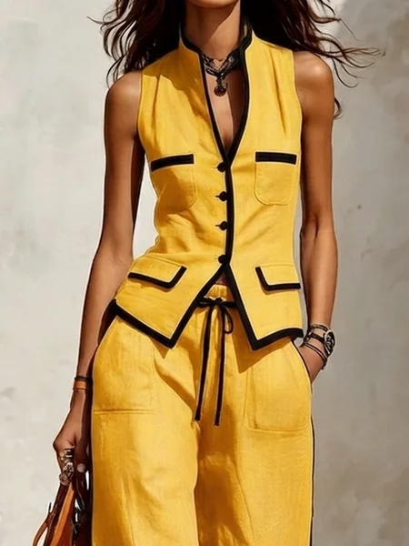 Cotton Casual Color Block Regular Fit Sleeveless Vest, Vests and Gilets, color:Yellow|size:XXL, Stylewe