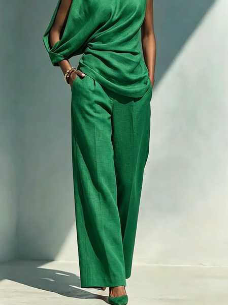 Urban Solid Cotton Linen Straight Leg Pants Relaxed Fit Side Pockets Daily, Pants, color:Green|size:XXL, Stylewe