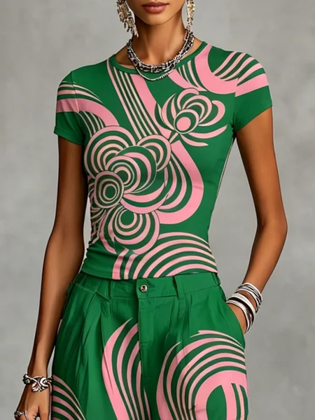 Casual Geometric Floral Color Block Printing T-shirt, Tees, color:Green|size:XXL, Stylewe