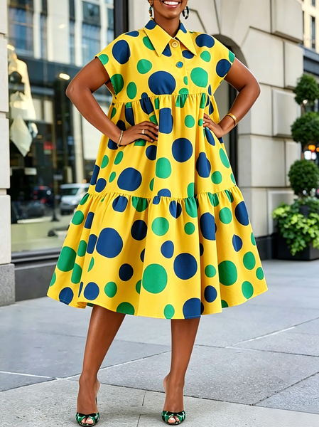 Elegant Polka Dots Printing Midi Dress, Midi Dresses, color:Yellow|size:XXL, Stylewe