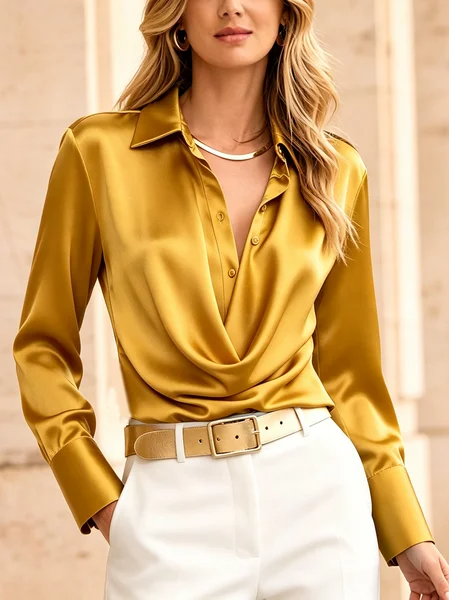 Satin Elegant Plain Ruched Shirt Collar Shirt, Blouses and Shirts, color:Yellow|size:XXL, Stylewe