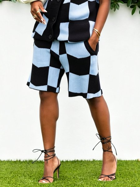 Urban Plaid Sweater Straight Pants Shorts, Shorts, color:Black-blue|size:XXL, Stylewe