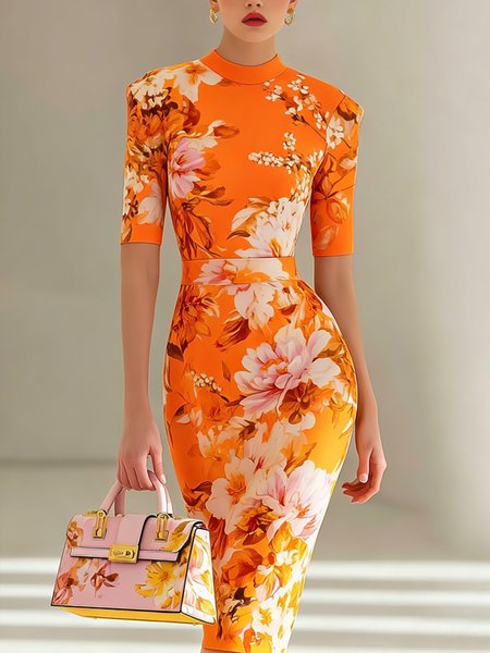 Elegant Floral Printing Mock Neck Midi Dress, Midi Dresses, color:Orange|size:XXL, Stylewe