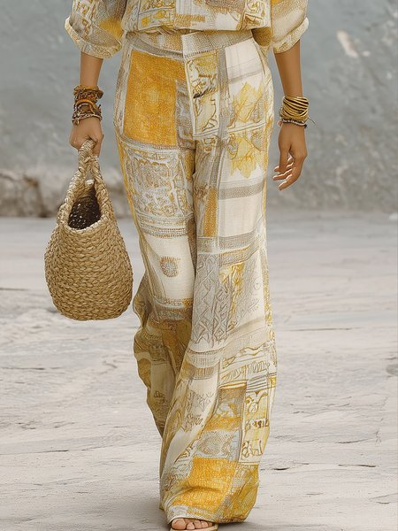 Casual Random Print Printing Straight Pants, Pants, color:Yellow|size:XXL, Stylewe