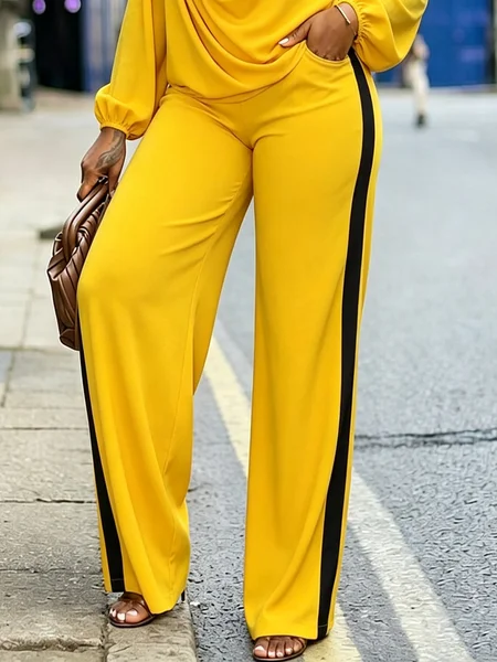Elegant Color Block Split Joint Wide Leg Pants, Pants, color:Yellow|size:XXL, Stylewe