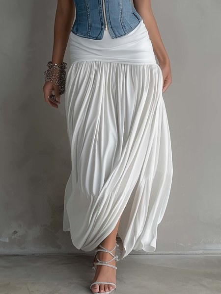Urban Ruched Plain Maxi Skirt, Skirts, color:White|size:XXL, Stylewe