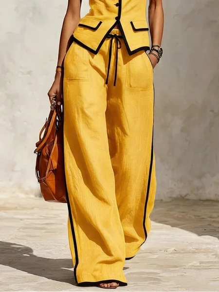 Casual Color Block Loose Fit Wide Leg Pants, Pants, color:Yellow|size:XXL, Stylewe