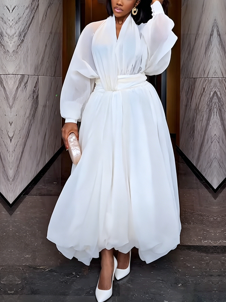 Elegant Plain V Neck Maxi Dress, Maxi Dresses, color:White|size:XXL, Stylewe