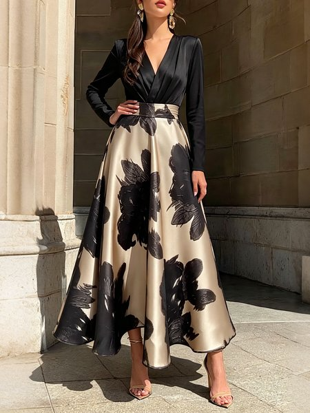 Urban Floral Color Block Cross Neck Midi Dress, Maxi Dresses, color:Black|size:XXL, Stylewe