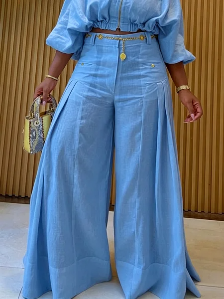 Casual Solid Loose Fit Cotton And Linen Wide Leg Pants for Daily Wear, Pants, color:Blue|size:XXL, Stylewe