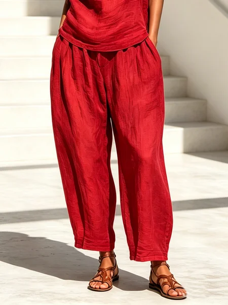 Linen Casual Plain Distressing Baggy Pants, Pants, color:Red|size:XXL, Stylewe