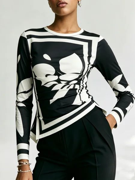 Urban Floral Printing Irregular Craftsmanship Ruched Color Block T-shirt, Tees, color:Black|size:XXL, Stylewe