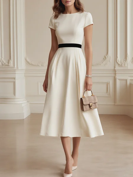 Elegant Color Block  Gathered Crew Neck Midi Dress, Midi Dresses, color:White|size:XL, Stylewe
