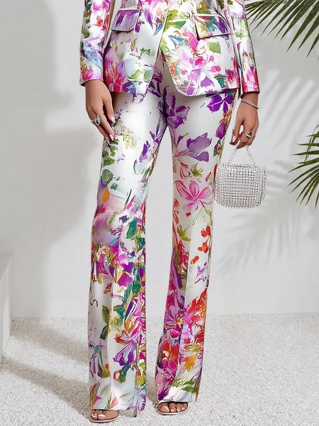 Urban Floral Straight Pants, Pants, color:Pink|size:XXL, Stylewe