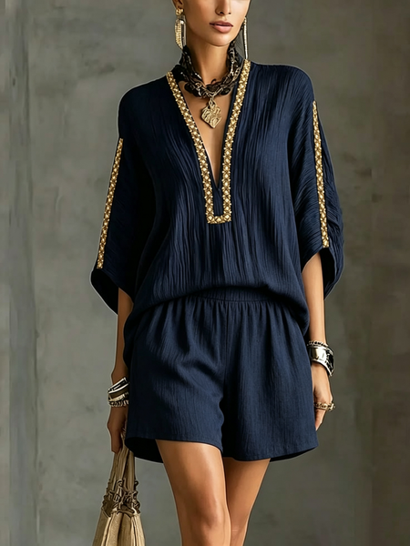 Vacation Plain Webbing V Neck Blouse, Blouses and Shirts, color:Blue|size:XXL, Stylewe