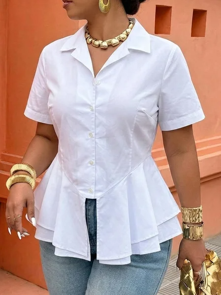 Cotton Casual Plain Peplum Lapel Collar Shirt, Blouses and Shirts, color:White|size:XXL, Stylewe