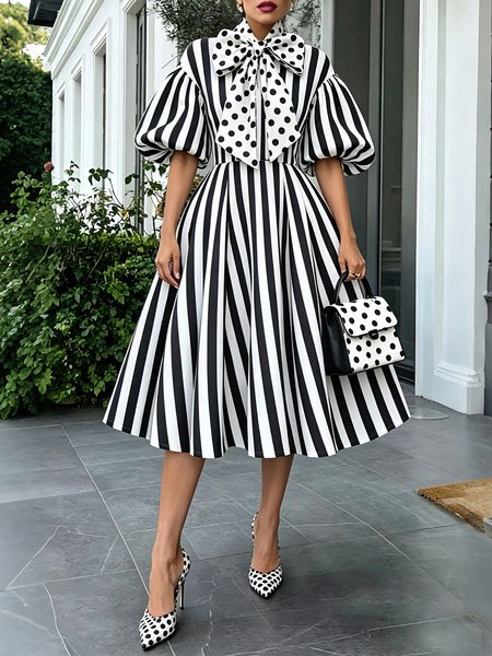 Urban Stripe & Polka Dot Regular Fit Midi Dress for Gathering, Midi Dresses, color:Black|size:XXL, Stylewe
