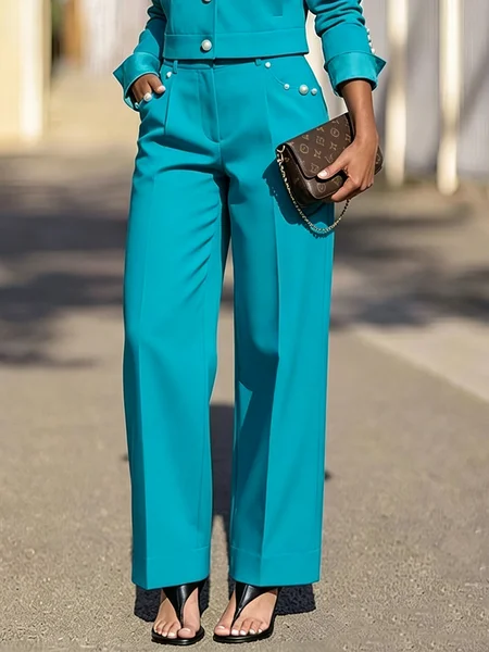Urban Plain Faux Pearl Straight Pants, Pants, color:Blue|size:XXL, Stylewe