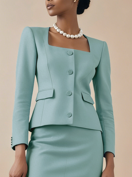 Elegant  Buttoned Plain Square Neck Blazer, Blazers, color:Aqua blue|size:XXL, Stylewe