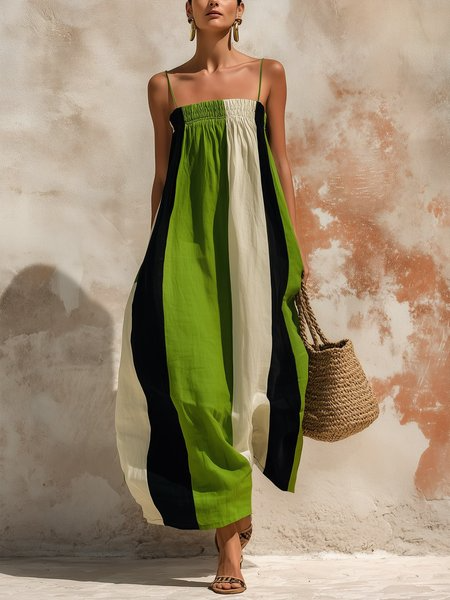 Casual Color Block Printing Spaghetti Maxi Dress, Maxi Dresses, color:Black-green|size:XXL, Stylewe