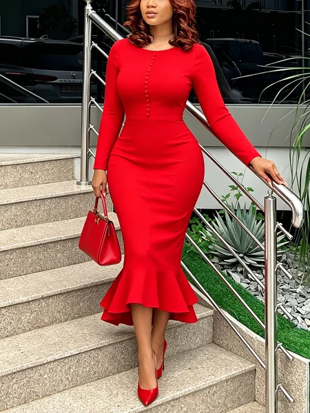 Elegant Plain Buttoned Crew Neck Maxi Dress, Midi Dresses, color:Red|size:XXL, Stylewe