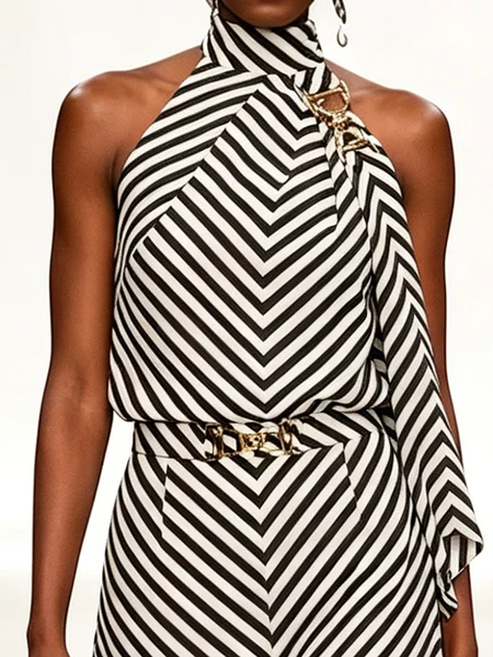 Urban Geometric Color Block Striped Halter Neck Tank Top, Tanks and Camis, color:Black|size:XXL, Stylewe