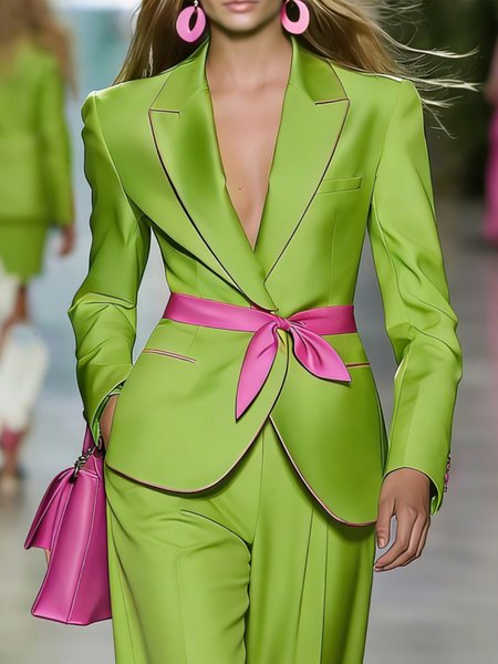 Urban Color Block Lapel Collar Blazer With Belt, Blazers, color:Green|size:XS, Stylewe