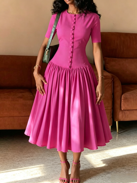 Elegant Plain Ruched Crew Neck Midi Dress, Midi Dresses, color:Berry Pink|size:XXL, Stylewe