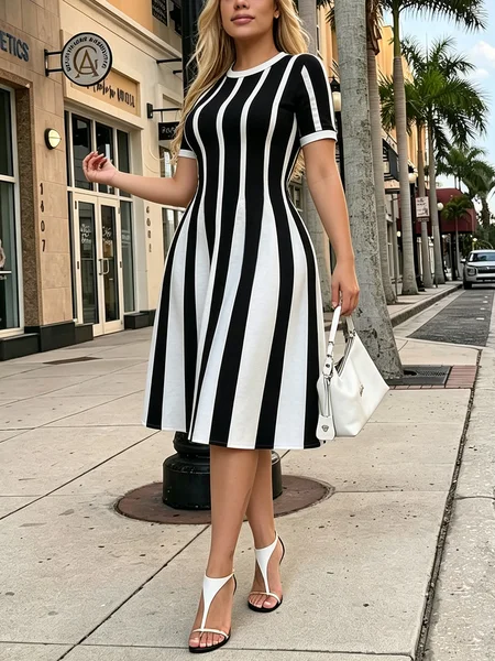 Urban Striped Printing Crew Neck Midi Dress, Midi Dresses, color:Black-white|size:XXL, Stylewe