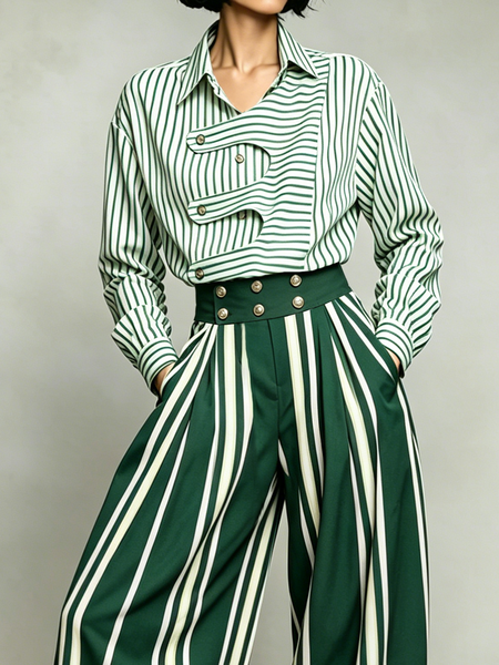 Urban Striped Irregular Craftsmanship Shirt Collar Shirt, Blouses and Shirts, color:Green|size:XXL, Stylewe