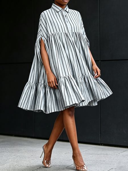 Urban Striped Shirt Collar Knee Length Dress, Midi Dresses, color:Stripe|size:XXL, Stylewe