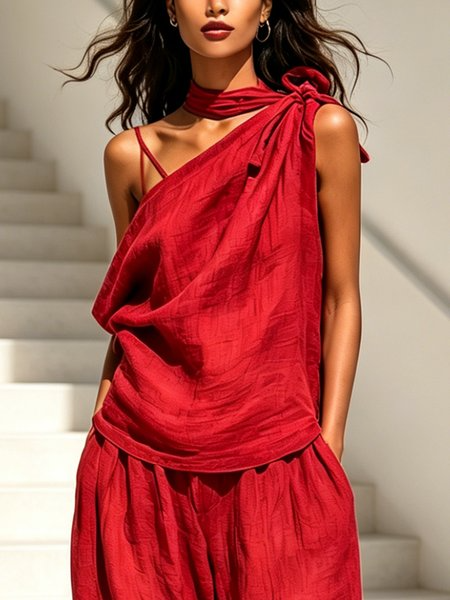 Linen Casual Plain Lace-up Halter Neck Blouse, Blouses and Shirts, color:Red|size:XXL, Stylewe