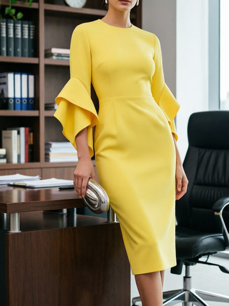 Elegant Plain Crew Neck Midi Dress, Midi Dresses, color:Yellow|size:XXL, Stylewe