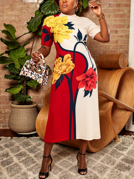 Elegant Floral Printing Mock Neck Maxi Dress, Midi Dresses, color:Red|size:XXL, Stylewe