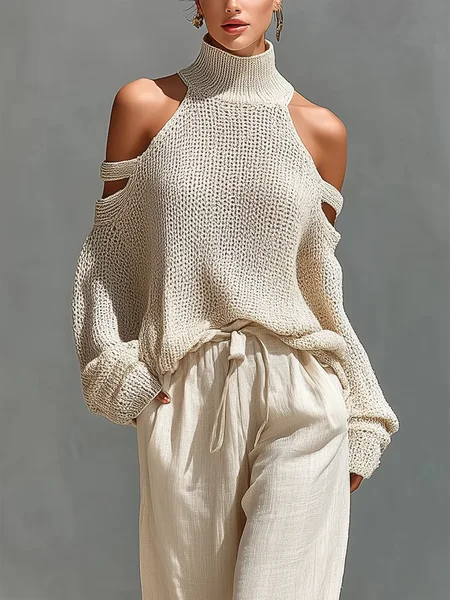 Casual Plain Hollow Out Turtleneck Sweater, Pullovers, color:As Picture|size:XXL, Stylewe