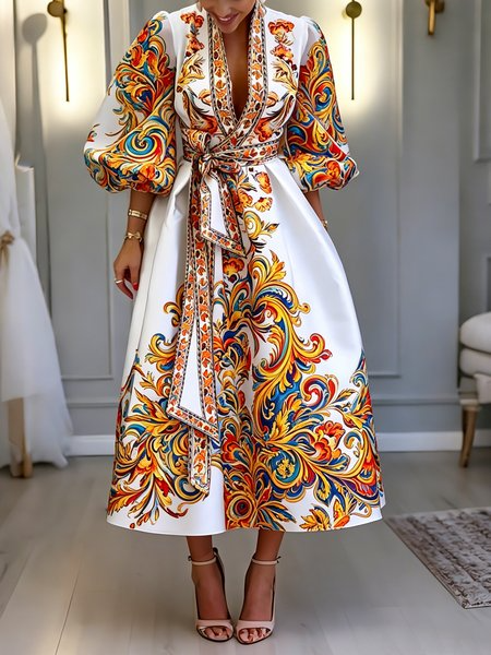Elegant Ethnic Balloon Sleeve Printing Cross Neck Midi Dress With Belt, Maxi Dresses, color:As Picture|size:XXL, Stylewe